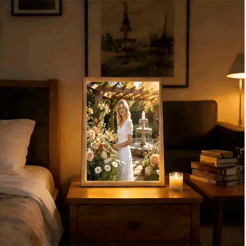 LED Photo Frame & Magic Mirror with Function Display - Wall/Tablet-Compatible Suitable for, Frame with Polished, Light Beige Mirror Panel for Rooms,, Weddings, Minimalist American Lifestyle