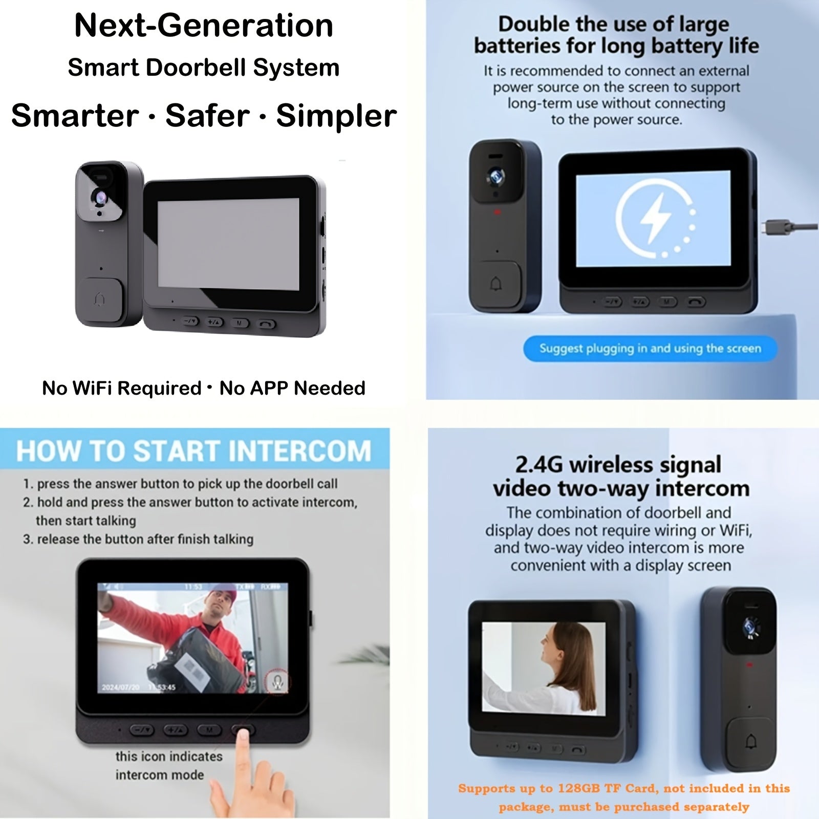 Special ! Smart Wireless Video Doorbell, Display Screen Versions And Chime Versions. Check The SKU Images Carefully And Choose According To Your Needs. 2-way Intercom, Night Vision, Large Battery, Easy Installation. Perfect Holiday Gift Choice!